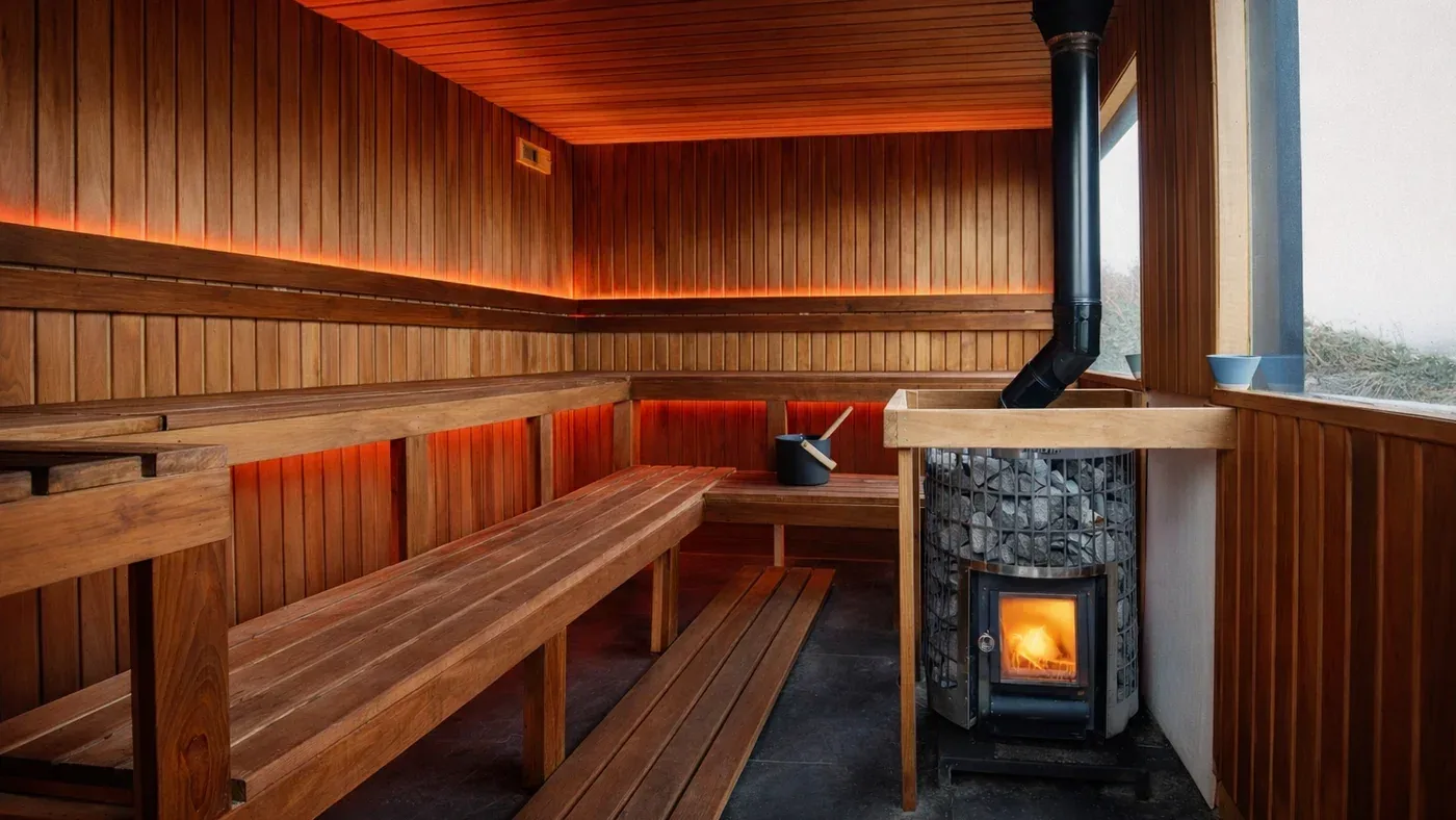 Wooden sauna with benches along the walls and a wood-burning stove with a glowing fire