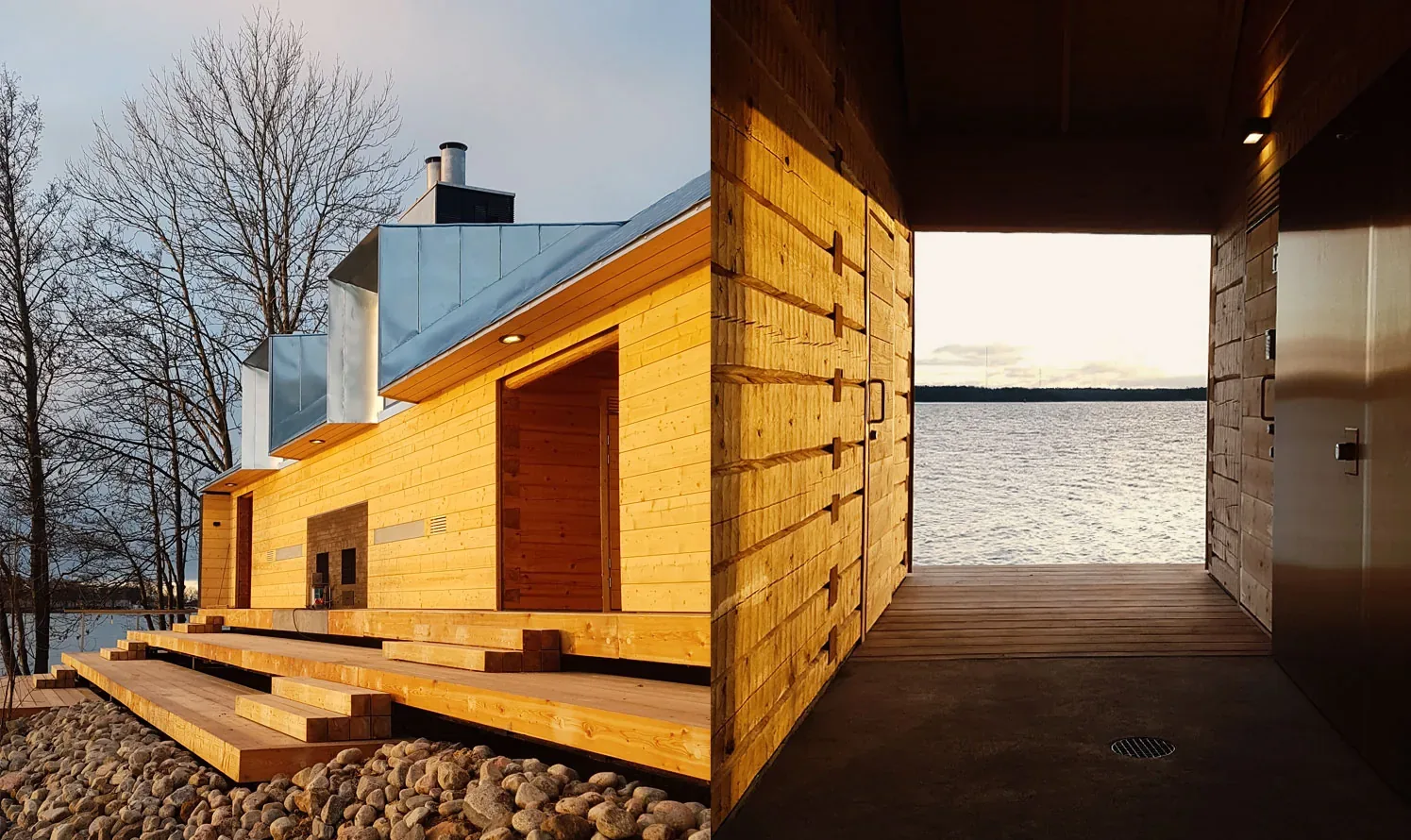 Wooden sauna building by the sea with a view of the water from the changing area