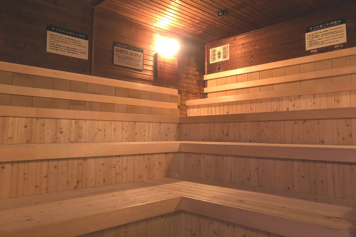 Wooden sauna with several rows of tiered benches