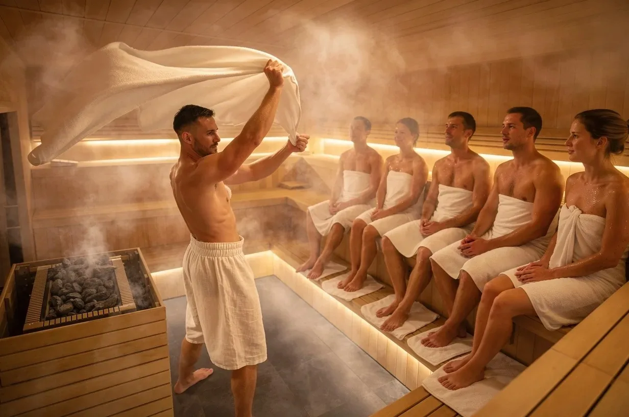Man waving a white towel in a steamy sauna while a row of people sit on the benches
